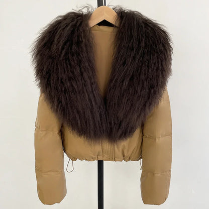 2025 New Autumn Winter Coat White Duck Down Coat Female Waterproof Short PU Puffer Jacket Women Real Mongolia Sheep Fur Collar