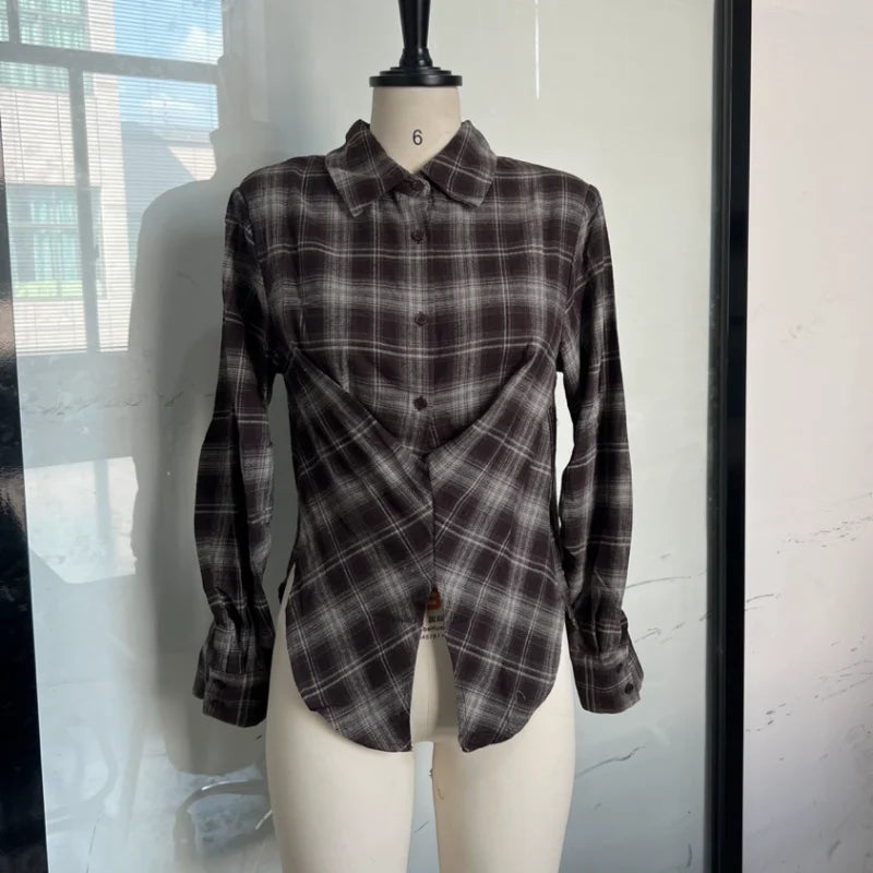 Chique sexy xadrez camisa de manga comprida designers lisonjeiro elegante casual feminino outono topos na moda feminina streetwear