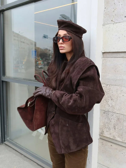 Dark Brown Suede Oversized Blazer Women Long Sleeve Wide Shoulders Coat 2025 New Autumn Highstreet Leisure Chic Lady Outerwears