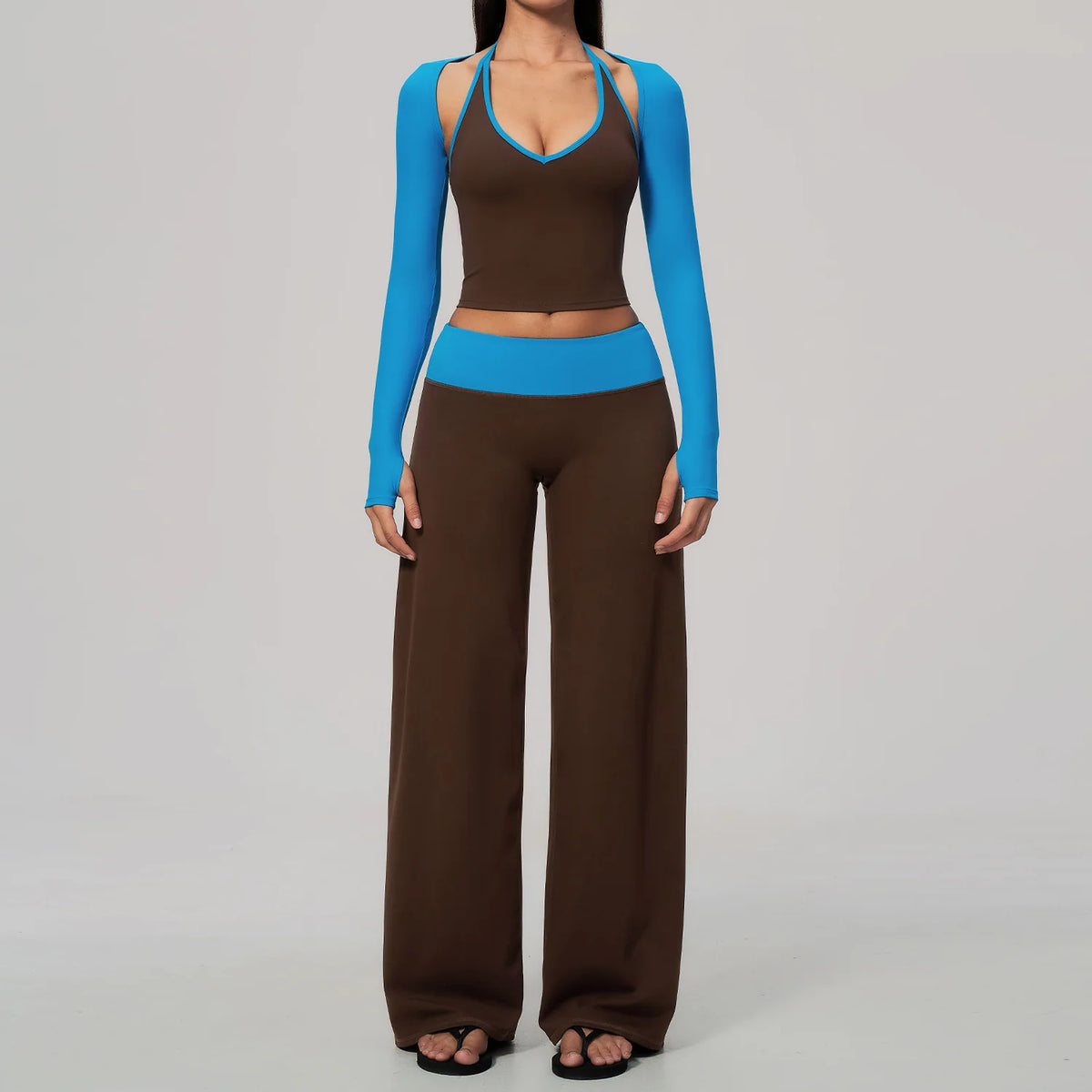 Women 2/3Piece Yoga Set Fitness Suit Gym Clothing Workout Tracksuit Sportswear Colorblock Halter Long Sleeve Top Wide Leg Pants