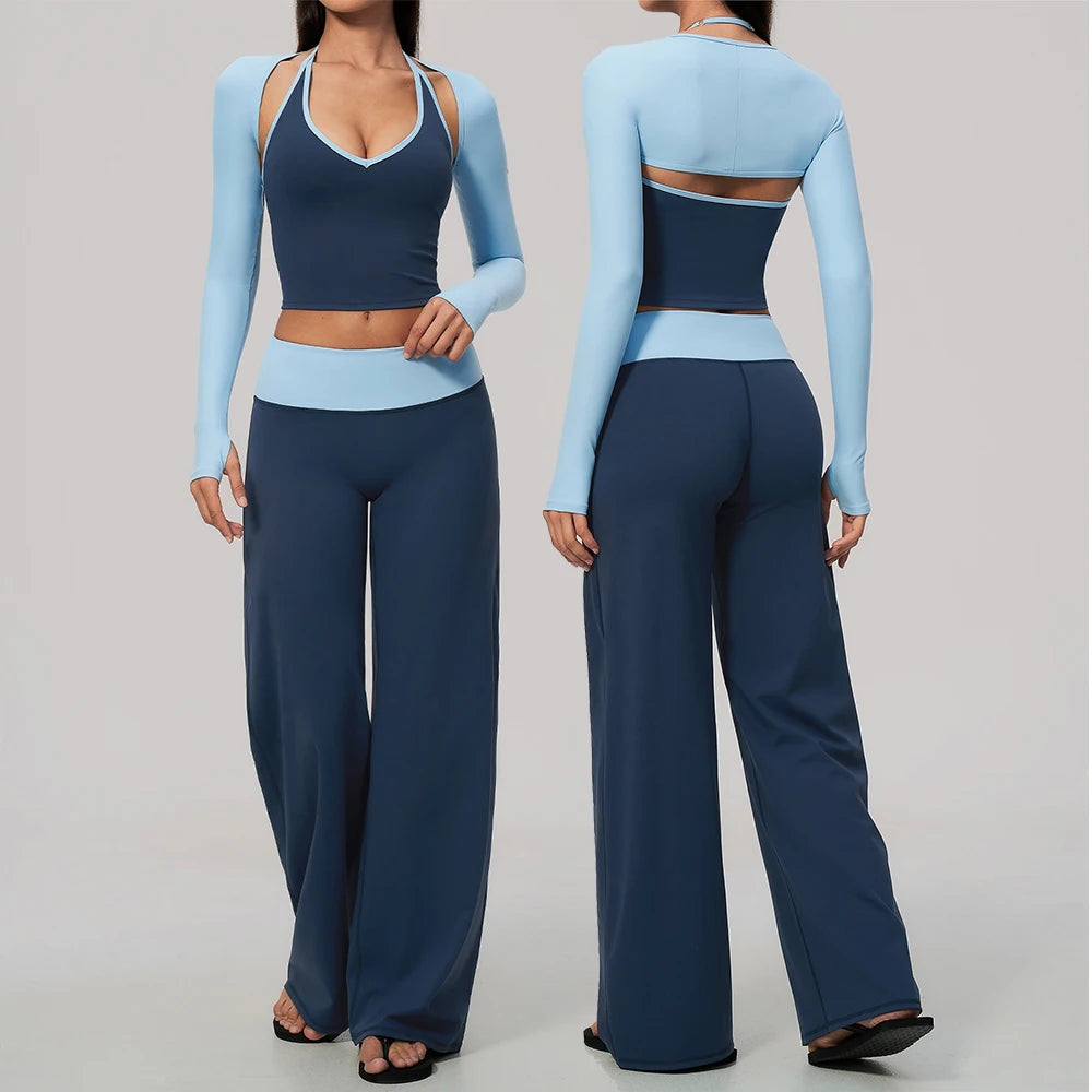 Women 2/3Piece Yoga Set Fitness Suit Gym Clothing Workout Tracksuit Sportswear Colorblock Halter Long Sleeve Top Wide Leg Pants