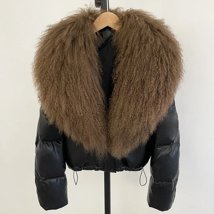 2025 New Autumn Winter Coat White Duck Down Coat Female Waterproof Short PU Puffer Jacket Women Real Mongolia Sheep Fur Collar