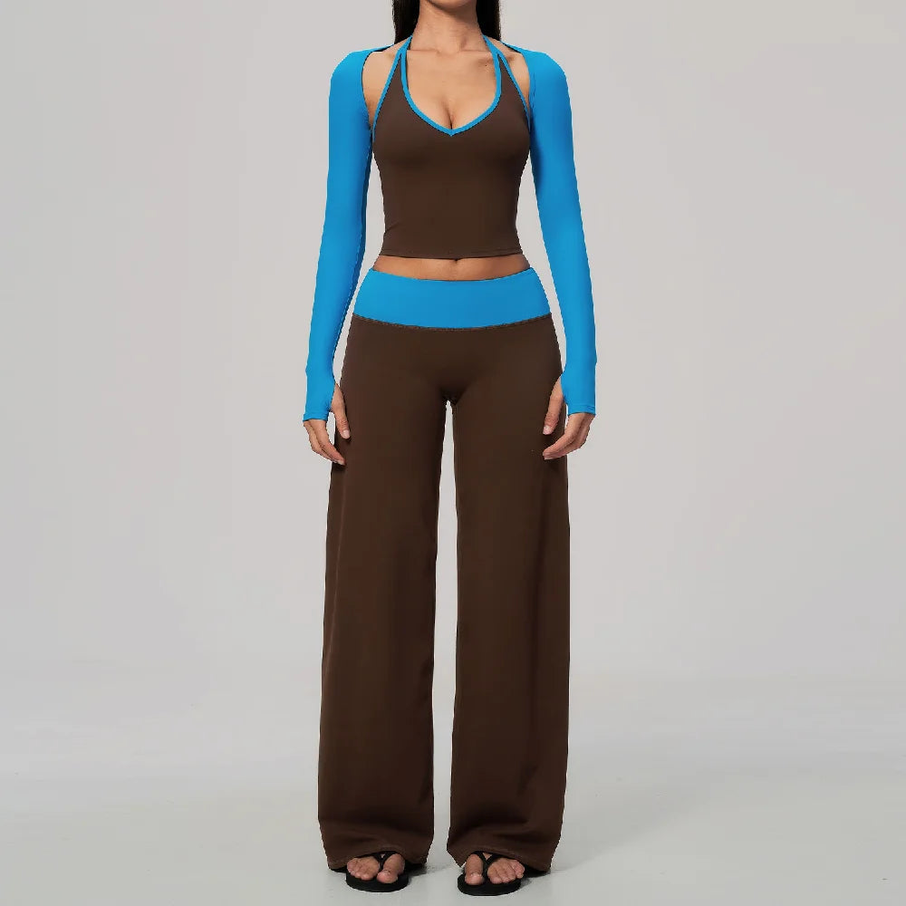 Women 2/3Piece Yoga Set Fitness Suit Gym Clothing Workout Tracksuit Sportswear Colorblock Halter Long Sleeve Top Wide Leg Pants