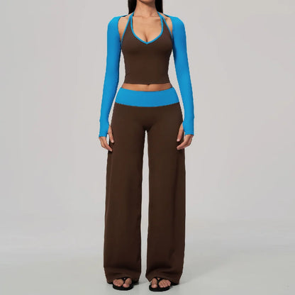 Women 2/3Piece Yoga Set Fitness Suit Gym Clothing Workout Tracksuit Sportswear Colorblock Halter Long Sleeve Top Wide Leg Pants