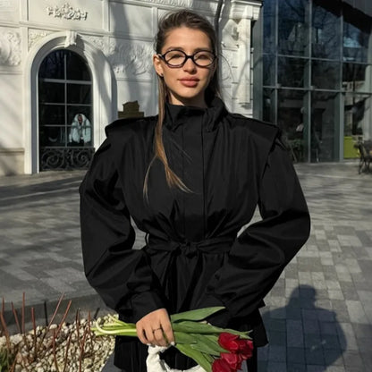 Talenza Autumn Vintage Coats New Lapel Lace-up Slim Solid Trench Coats Jacket Women Casual Patchwork High Street Office Jackets