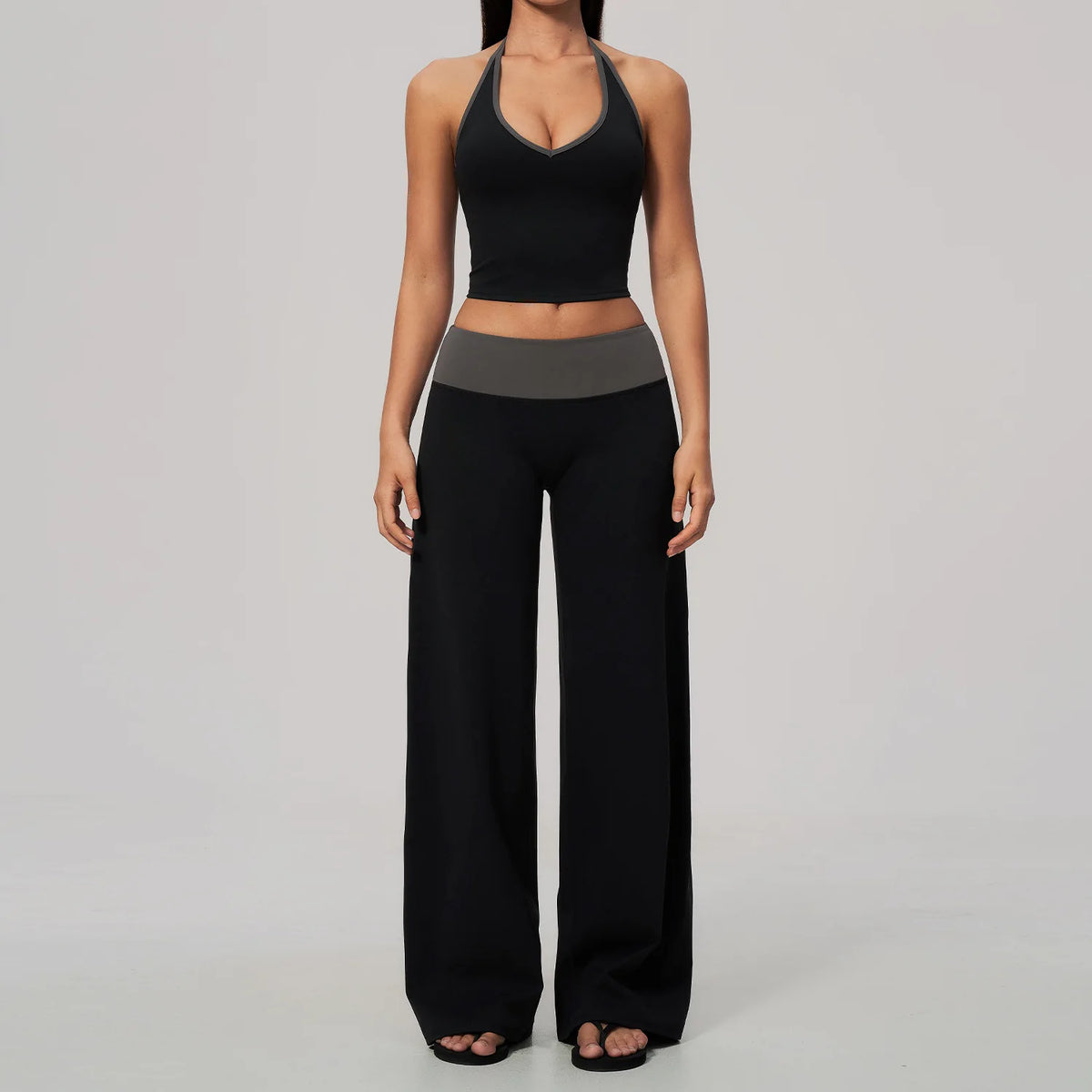 Women 2/3Piece Yoga Set Fitness Suit Gym Clothing Workout Tracksuit Sportswear Colorblock Halter Long Sleeve Top Wide Leg Pants