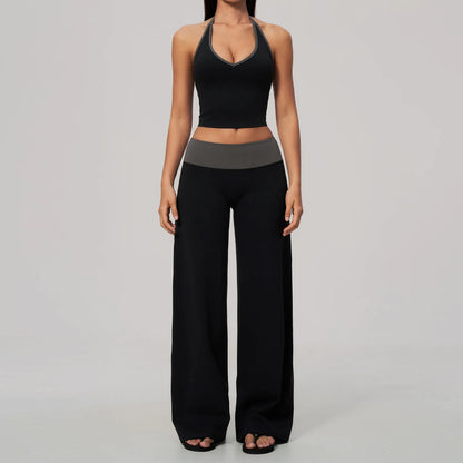 Women 2/3Piece Yoga Set Fitness Suit Gym Clothing Workout Tracksuit Sportswear Colorblock Halter Long Sleeve Top Wide Leg Pants