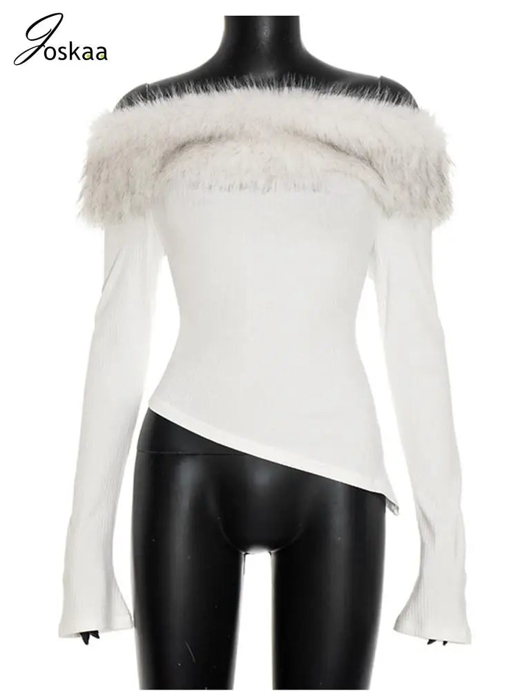 Joskaa 2025 Fall Women's Faux Fur Collar Crop Tops Sexy Off Shoulder Full Sleeve Asymmetric T-Shirts White Tees Y2K Streetwear