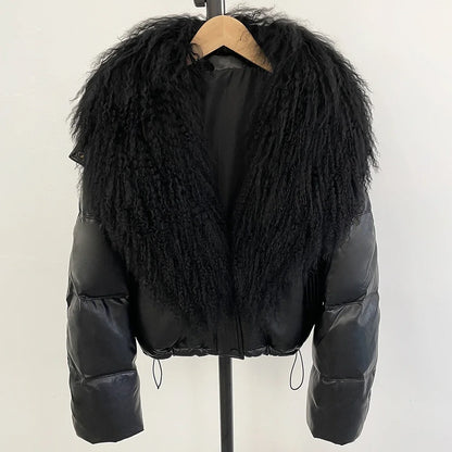 2025 New Autumn Winter Coat White Duck Down Coat Female Waterproof Short PU Puffer Jacket Women Real Mongolia Sheep Fur Collar