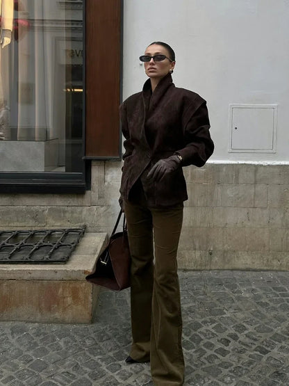Dark Brown Suede Oversized Blazer Women Long Sleeve Wide Shoulders Coat 2025 New Autumn Highstreet Leisure Chic Lady Outerwears