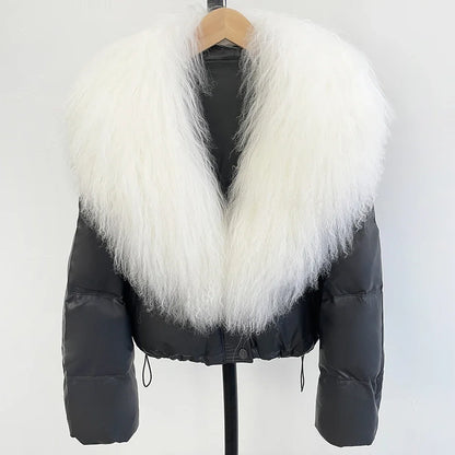2025 New Autumn Winter Coat White Duck Down Coat Female Waterproof Short PU Puffer Jacket Women Real Mongolia Sheep Fur Collar