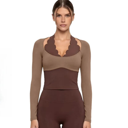 Gym Clothes Woman Color-blocking Lace Yoga Top Slim Fit Breathable Long Sleeve Sportswear Fitness Leggings Workout Athletic Wear