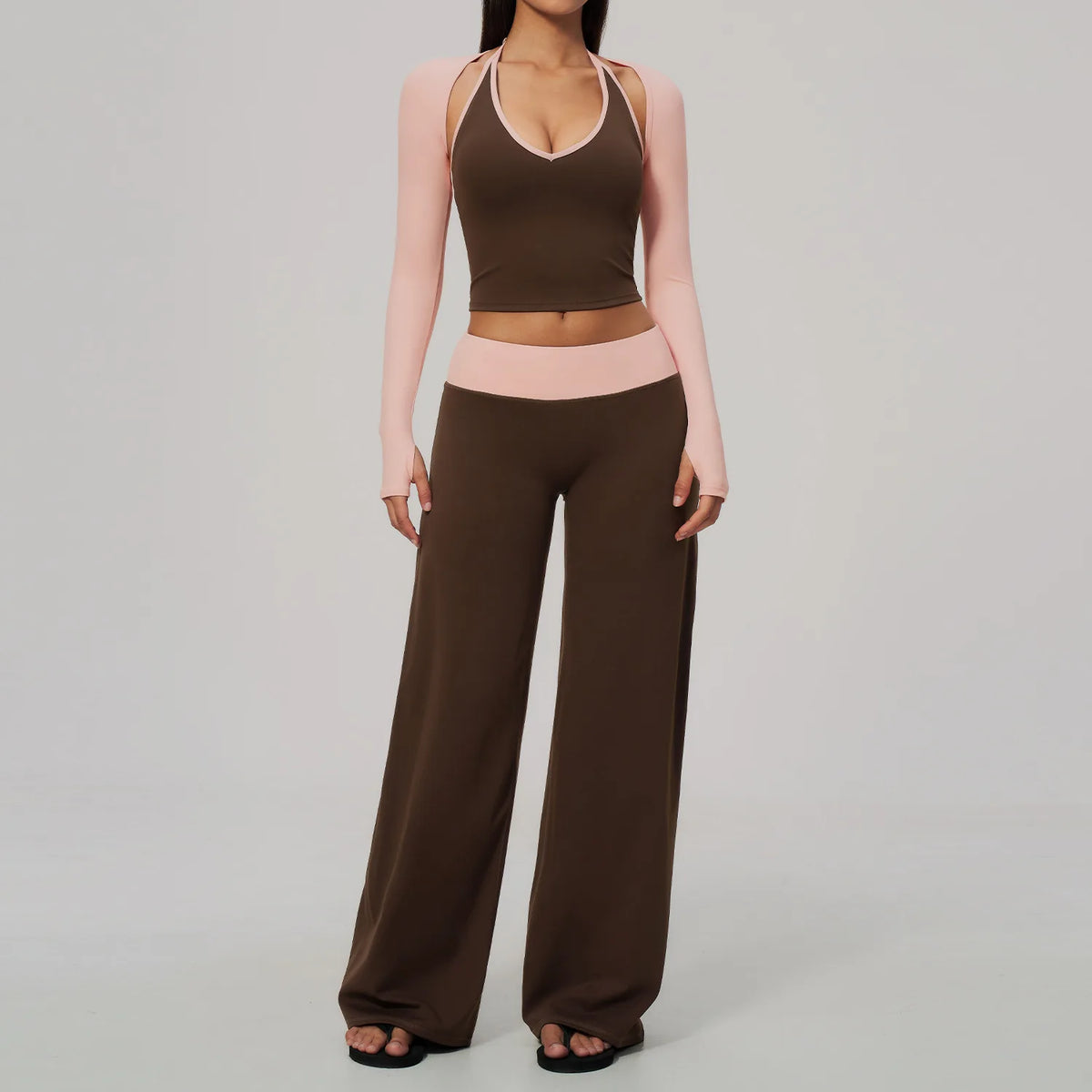 Women 2/3Piece Yoga Set Fitness Suit Gym Clothing Workout Tracksuit Sportswear Colorblock Halter Long Sleeve Top Wide Leg Pants