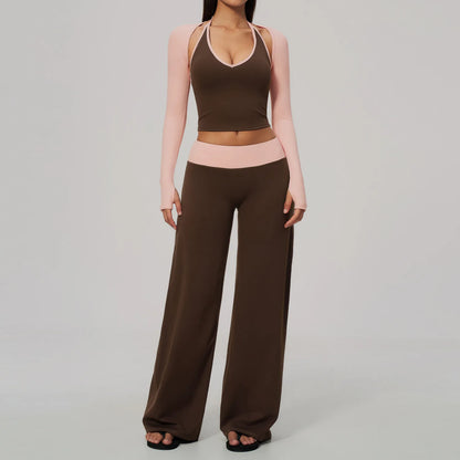 Women 2/3Piece Yoga Set Fitness Suit Gym Clothing Workout Tracksuit Sportswear Colorblock Halter Long Sleeve Top Wide Leg Pants