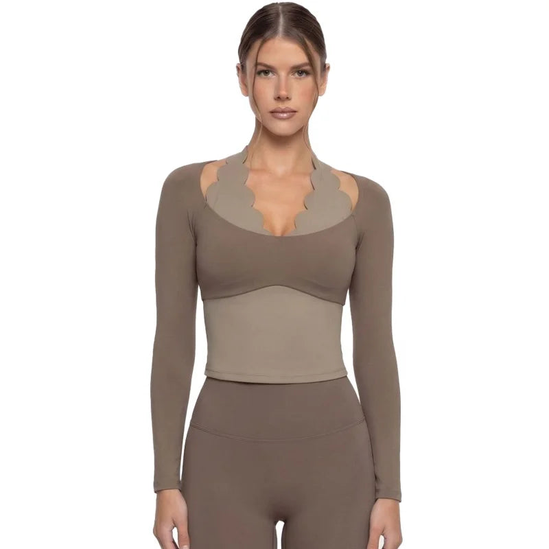 Gym Clothes Woman Color-blocking Lace Yoga Top Slim Fit Breathable Long Sleeve Sportswear Fitness Leggings Workout Athletic Wear