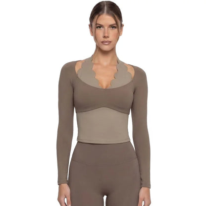 Gym Clothes Woman Color-blocking Lace Yoga Top Slim Fit Breathable Long Sleeve Sportswear Fitness Leggings Workout Athletic Wear