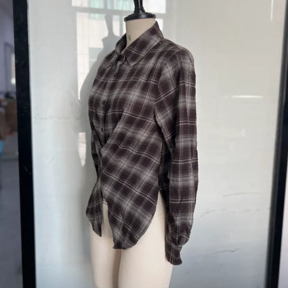 Chique sexy xadrez camisa de manga comprida designers lisonjeiro elegante casual feminino outono topos na moda feminina streetwear