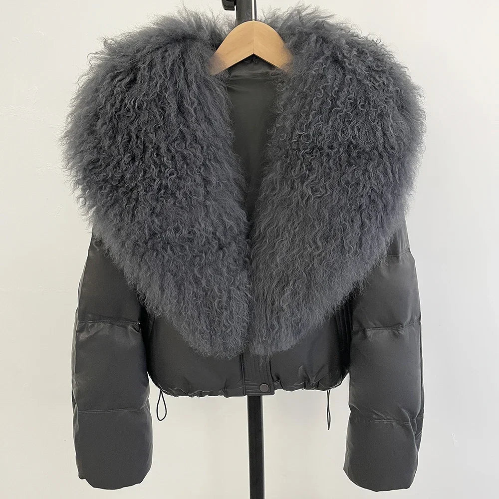 2025 New Autumn Winter Coat White Duck Down Coat Female Waterproof Short PU Puffer Jacket Women Real Mongolia Sheep Fur Collar