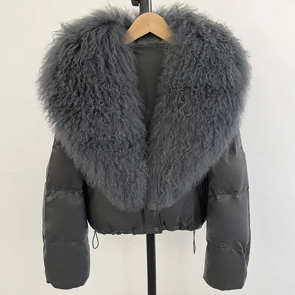 2025 New Autumn Winter Coat White Duck Down Coat Female Waterproof Short PU Puffer Jacket Women Real Mongolia Sheep Fur Collar