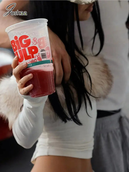 Joskaa 2025 Fall Women's Faux Fur Collar Crop Tops Sexy Off Shoulder Full Sleeve Asymmetric T-Shirts White Tees Y2K Streetwear