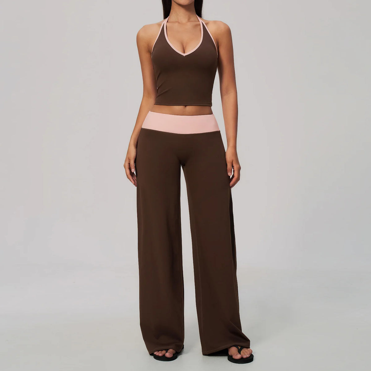 Women 2/3Piece Yoga Set Fitness Suit Gym Clothing Workout Tracksuit Sportswear Colorblock Halter Long Sleeve Top Wide Leg Pants
