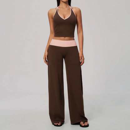 Women 2/3Piece Yoga Set Fitness Suit Gym Clothing Workout Tracksuit Sportswear Colorblock Halter Long Sleeve Top Wide Leg Pants