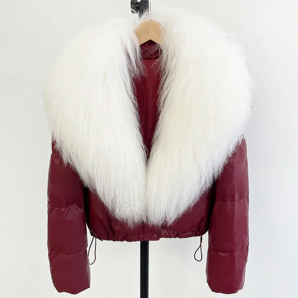 2025 New Autumn Winter Coat White Duck Down Coat Female Waterproof Short PU Puffer Jacket Women Real Mongolia Sheep Fur Collar