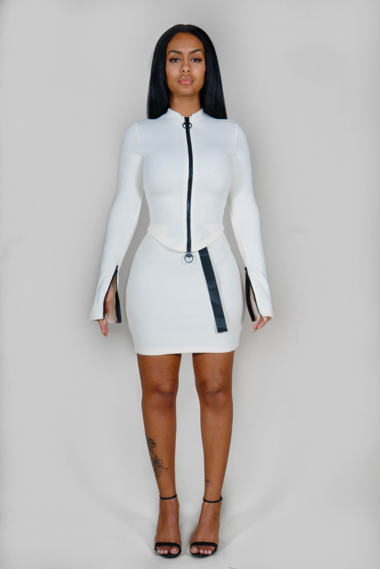 CREAM 2 WAY ZIPPER TOP AND SKIRT SET