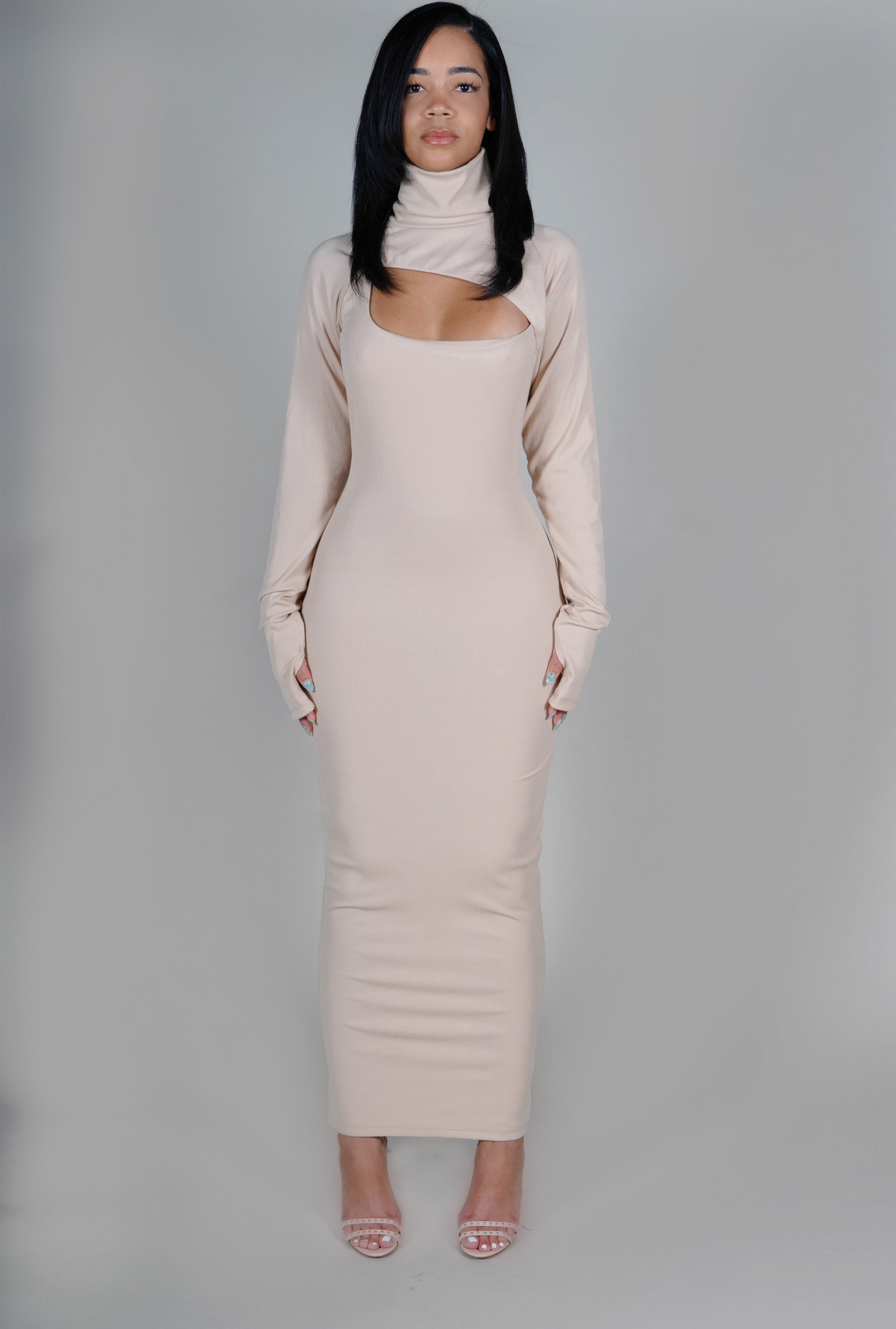 NUDE TURTLENECK MAXI DRESS