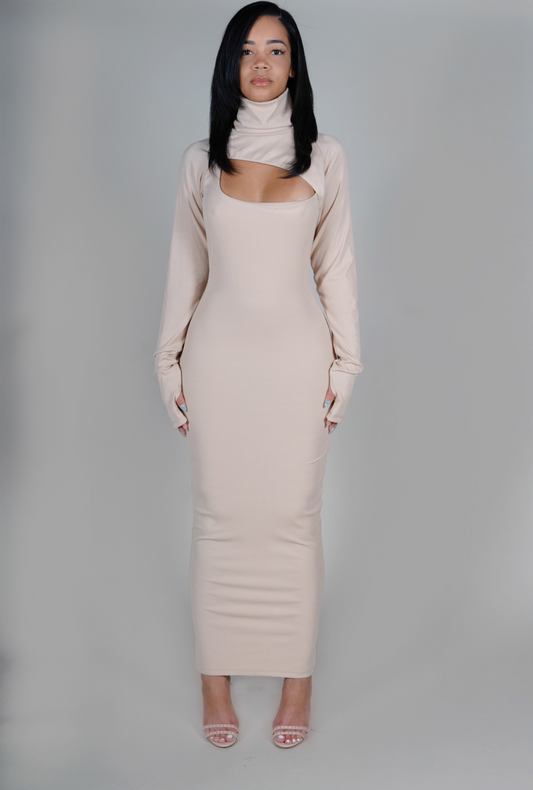 NUDE TURTLENECK MAXI DRESS